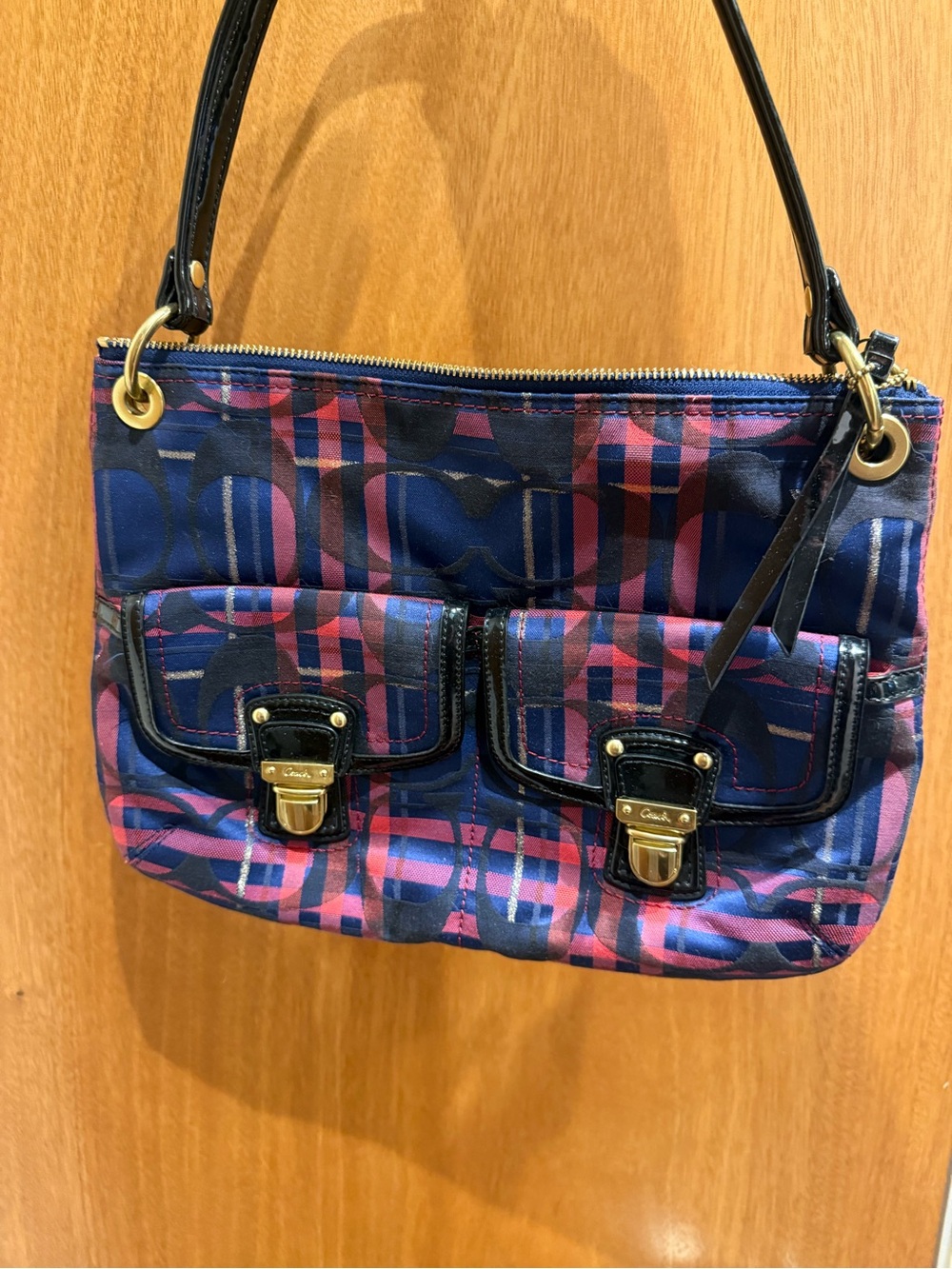 Coach Navy and Pink Plaid Nylon Shoulder Bag with Black Trim